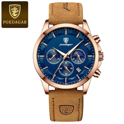 POEDAGAR 928 Leather Men Quartz Watch Luxury Chronograph