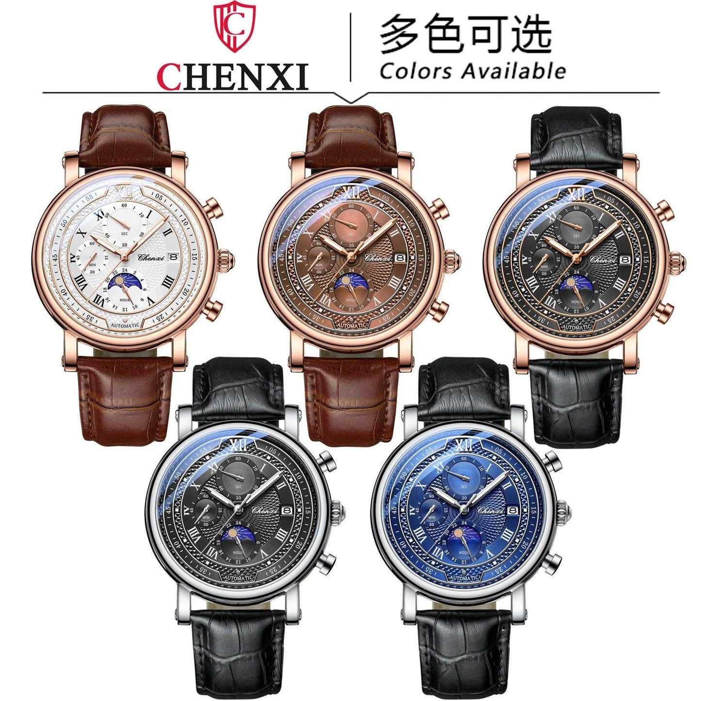 Chenxi 976 Leather Chronograph Moon Phase