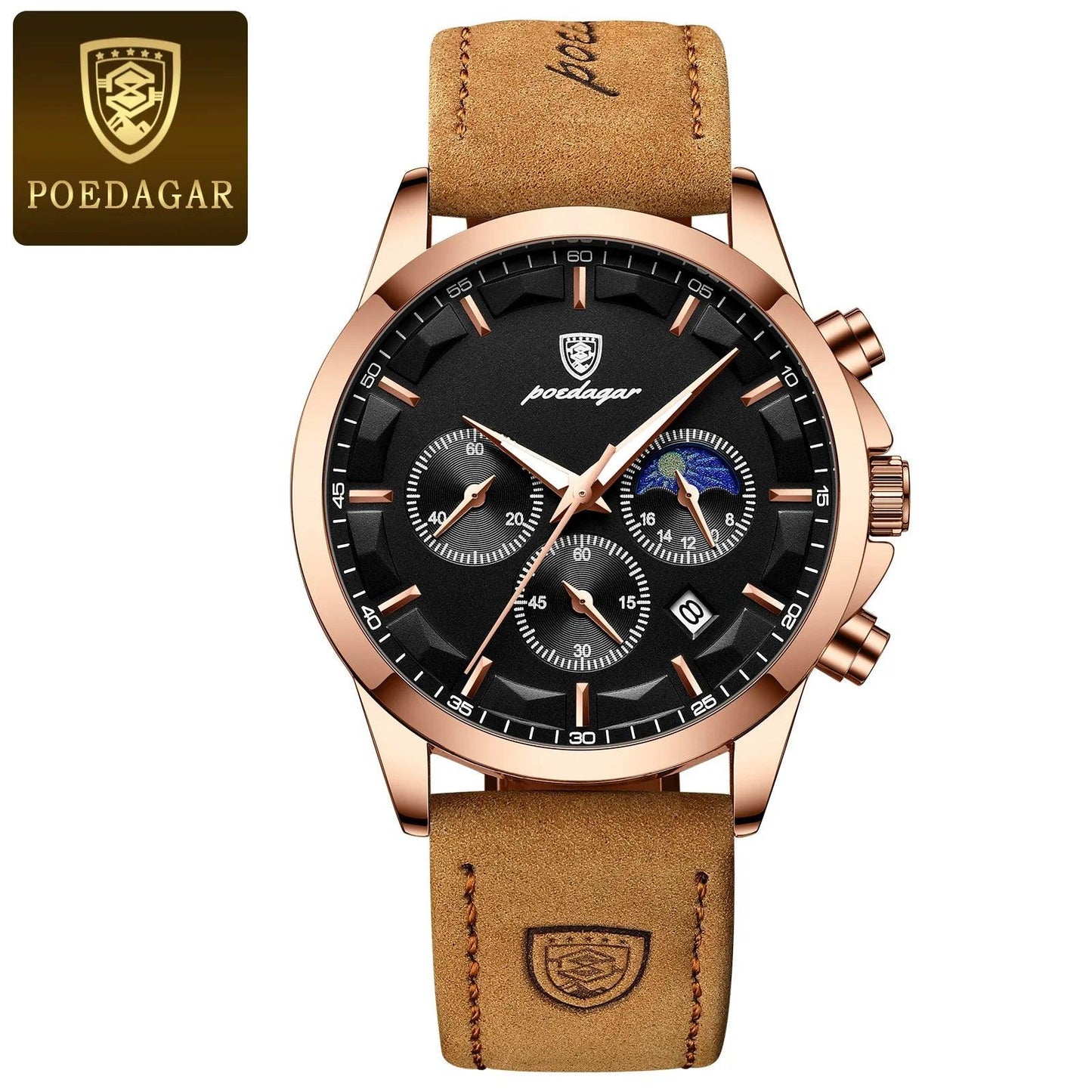 POEDAGAR 928 Leather Men Quartz Watch Luxury Chronograph