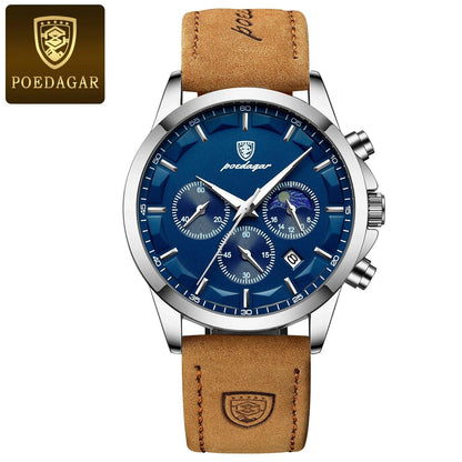 POEDAGAR 928 Leather Men Quartz Watch Luxury Chronograph