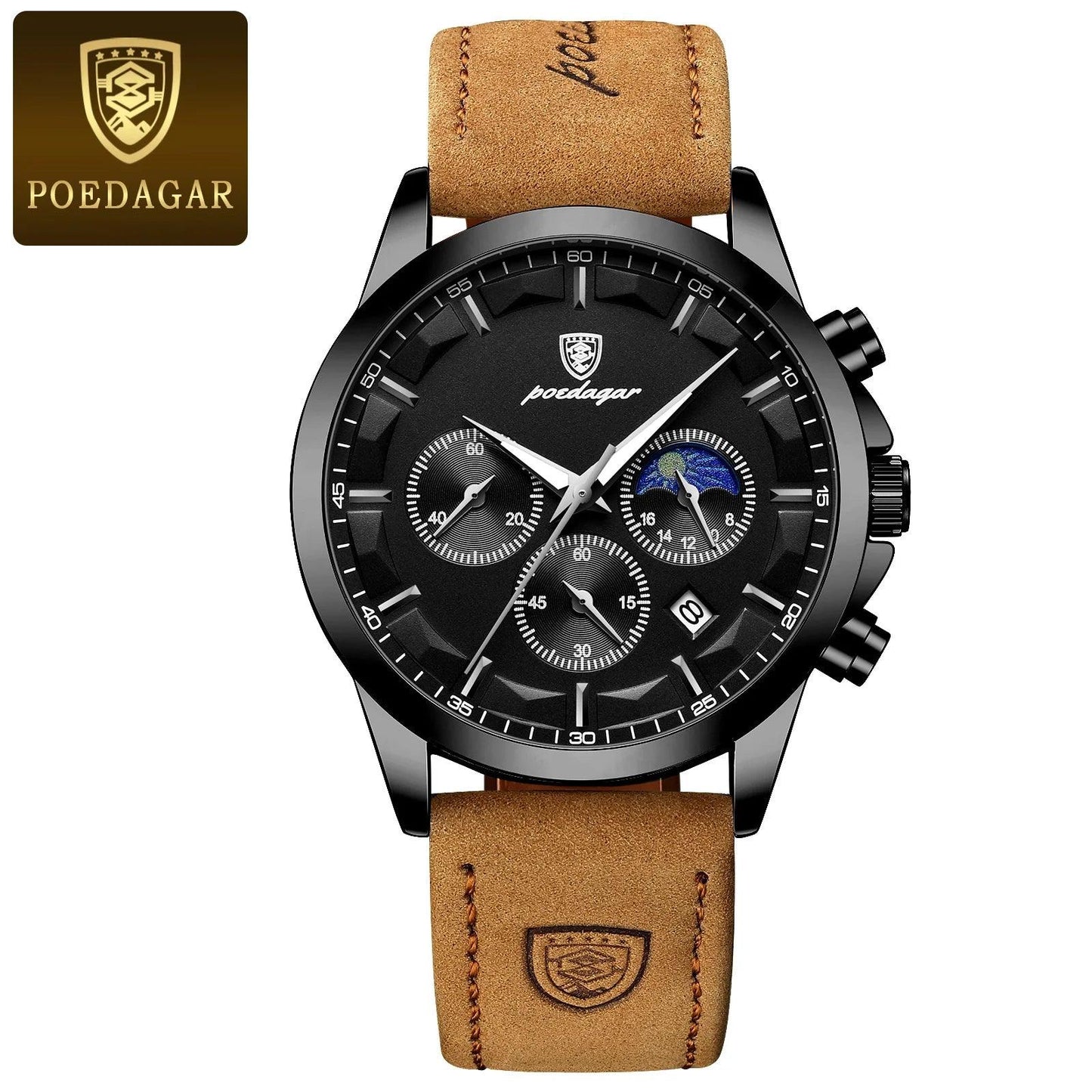 POEDAGAR 928 Leather Men Quartz Watch Luxury Chronograph