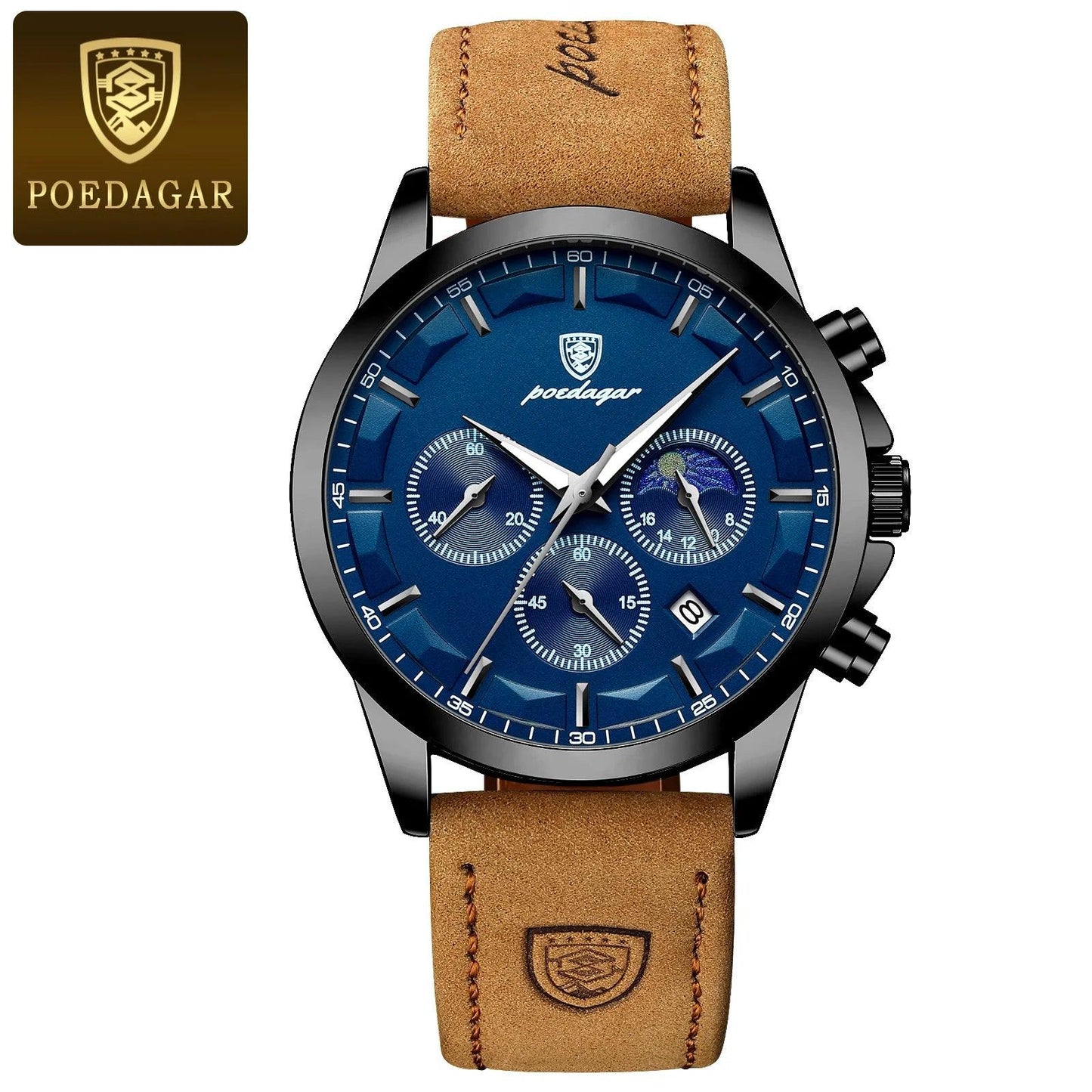 POEDAGAR 928 Leather Men Quartz Watch Luxury Chronograph